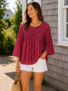 NWT GAP Red Blue Floral Boho Peasant Blouse 3/4 Sleeve Top Small